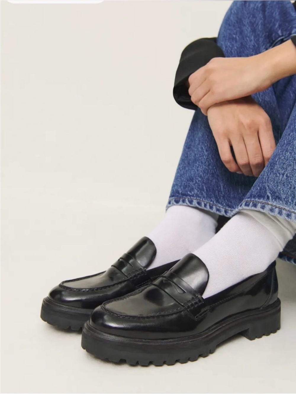 Reformation Agathea Black Patent Chunky Penny Loafers Size 8